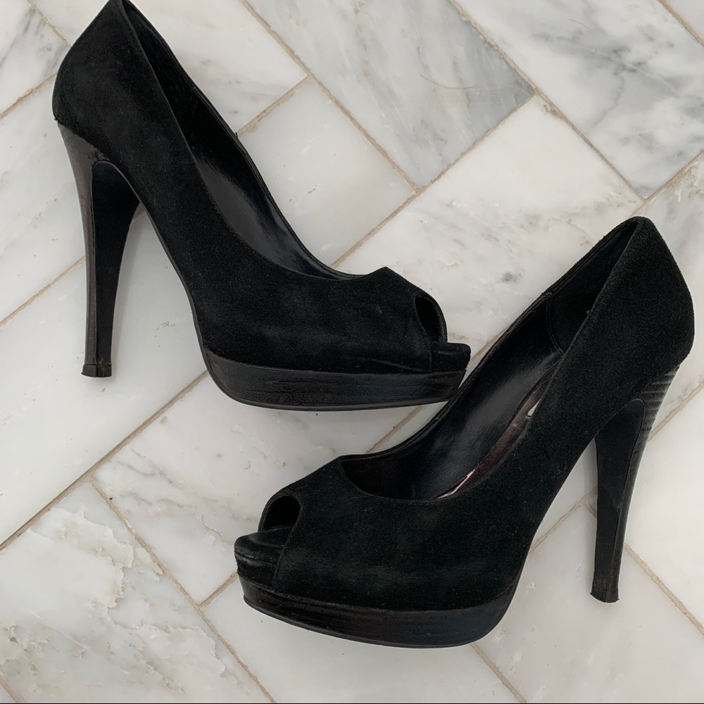Black suede Steve Madden peep toe platform